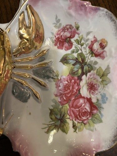 RARO Antiguo Plato de Langosta Oro Rosa Floral Dos Caras con Asa Cuencos - Imagen 2 de 9