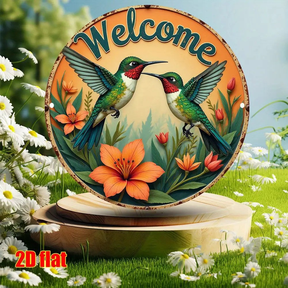 Welcome Wall Art with Hummingbirds Flowers Round Orange Green Metal