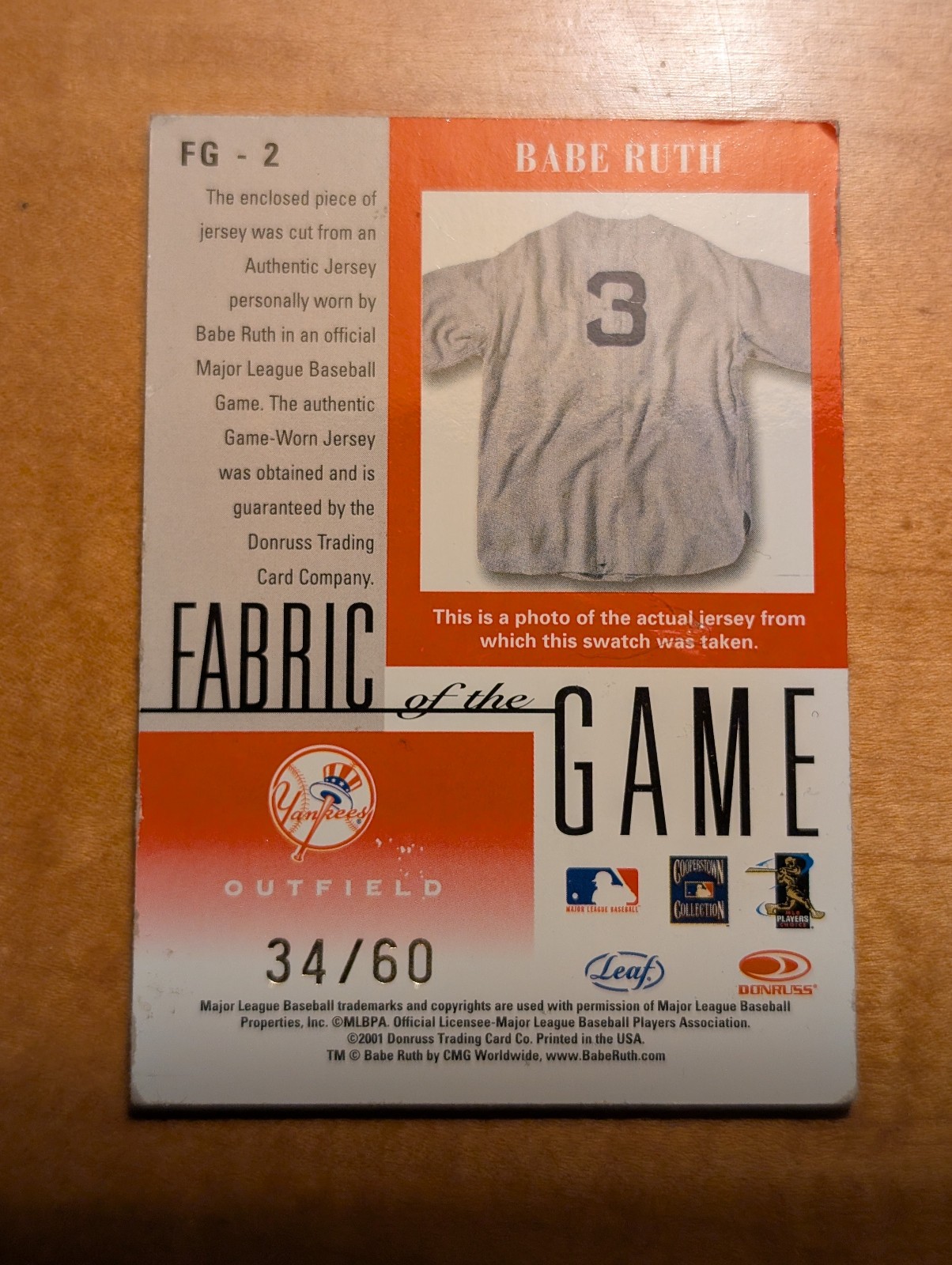 Babe Ruth Game-Worn Jersey 2001 Donruss Fabric of the Game 34/60 view 2