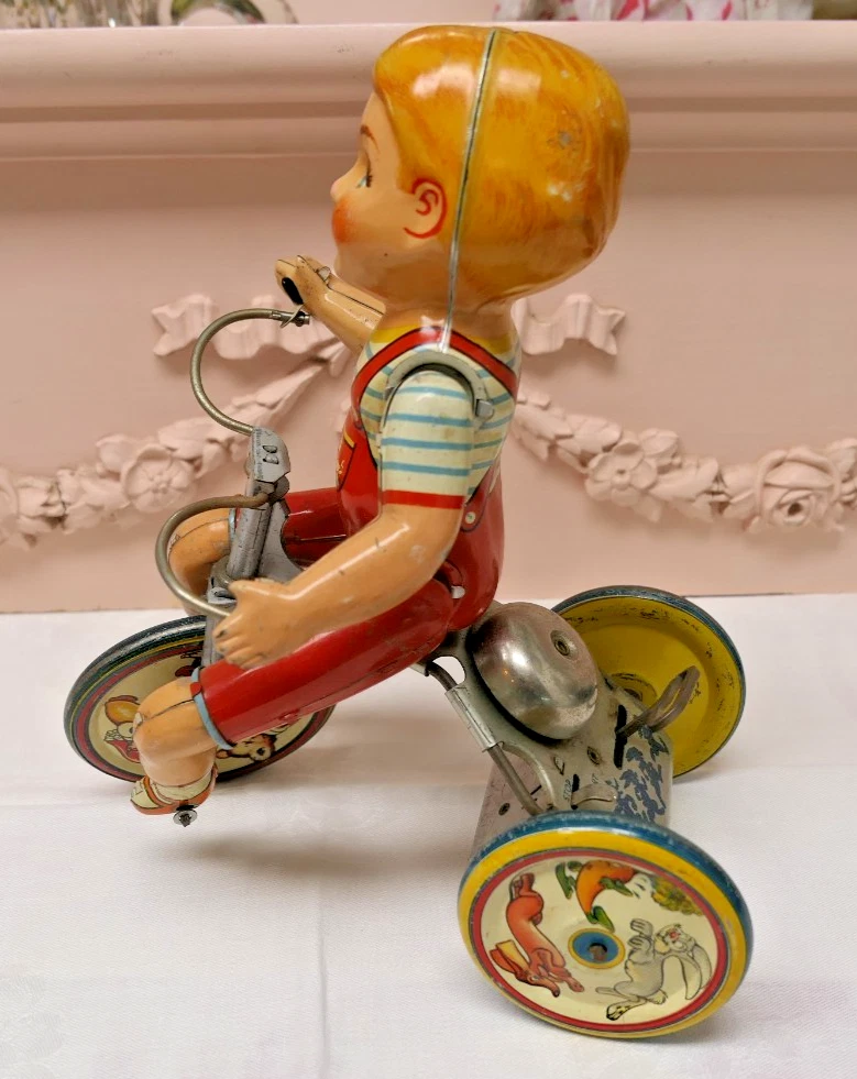 Vintage Blech Kiddy Radfahrer Aufziehspielzeug & Schlüssel! Junge auf dem Fahrrad/Trike! ~ Unique Art Co!