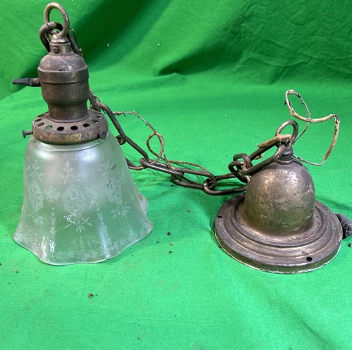 Antique Art Deco Pendant Ceiling Light W/ Canopy & Shade Bryant Parts Repair