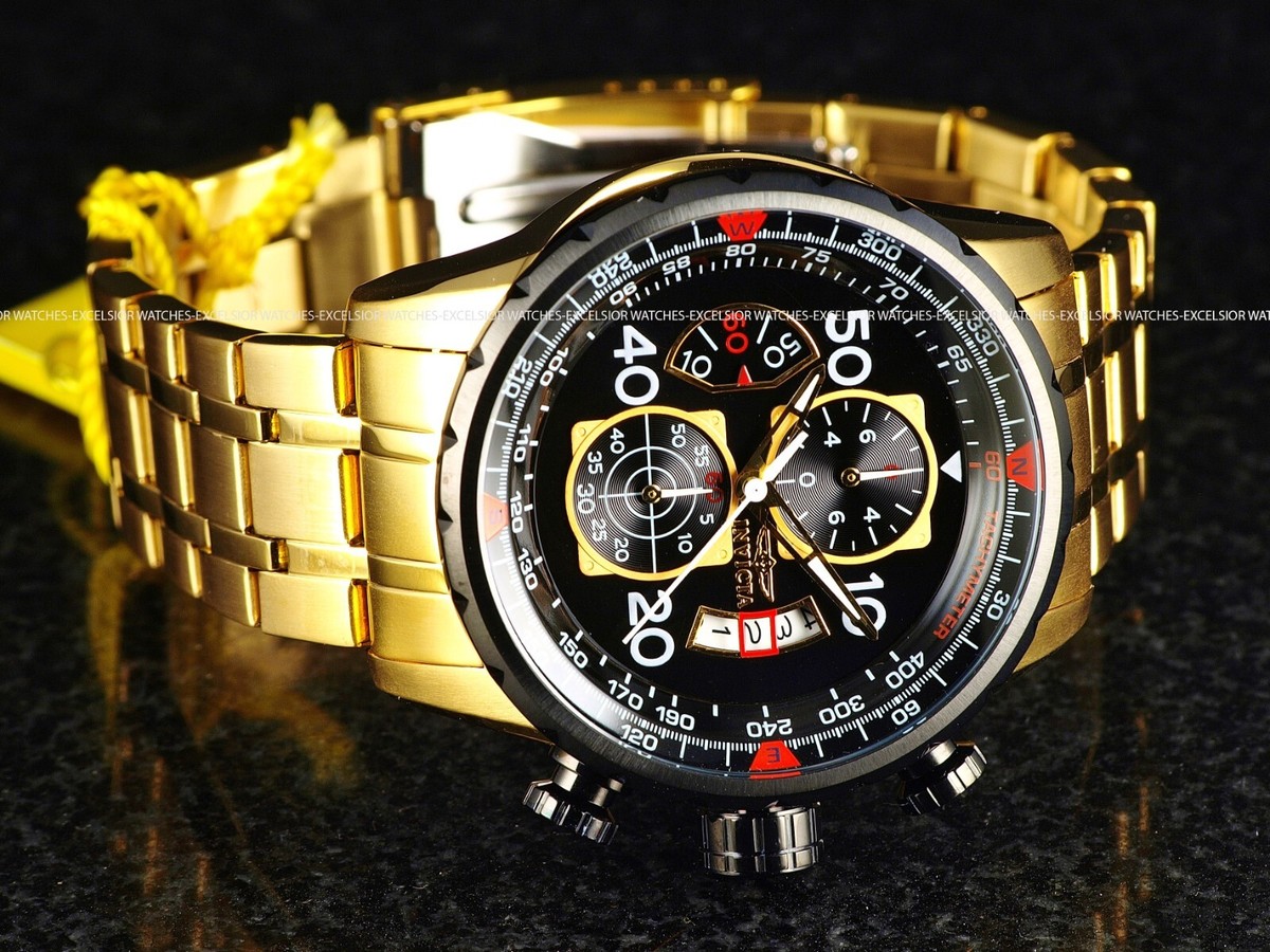 New Invicta Men's AVIATOR CHRONOGRAPH Quartz Gold Tone SS 48mm