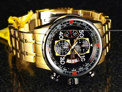 New Invicta Men's AVIATOR CHRONOGRAPH Quartz Gold Tone SS 48mm Black Dial Watch