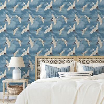 Catherine Lansfield Cranes Wallpaper 206513 Blue Birds Cloudy Sky Metallic Gold