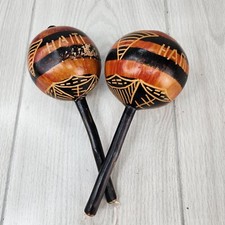 Vintage Pair Haitian Maracas Hand Painted Wood Rumba Musical Shakers Haiti 9"