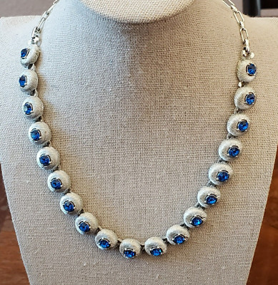 Vtg STAR Brand Signed Silver Tone Cobalt Blue Rhinestones Necklace Collar 17''