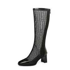 Womens Leather Hollowed Out Mid Block Heels Back Zip Round Toe Knee High Boots