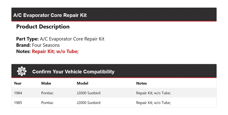 For 1984-1985 Pontiac J2000 Sunbird A/C Evaporator Core Repair Kit 4 Seasons - Image 2 of 4