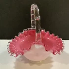 Fenton Handled Basket Silver Crest Pink White Crimped Edge Glass USA