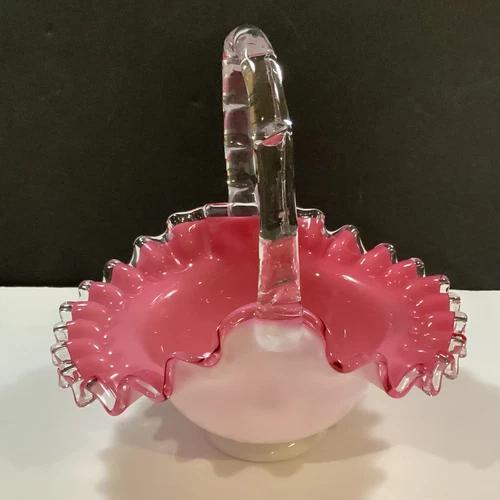 Fenton Handled Basket Silver Crest Pink White Crimped Edge Glass USA