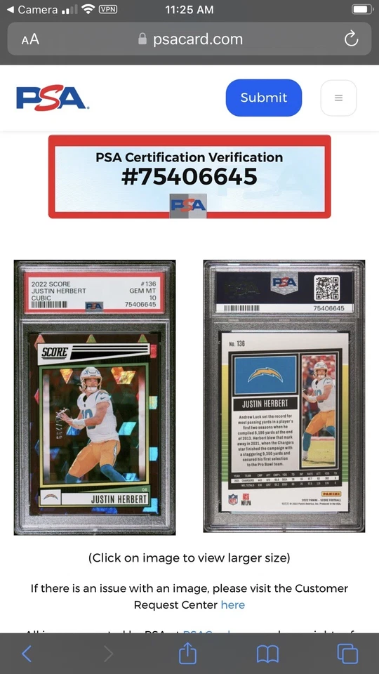 2022 Score Panini Justin Herbert Purple Cubic /299 PSA 10 Gem Mint  #￼ 136  - Image 4 of 4