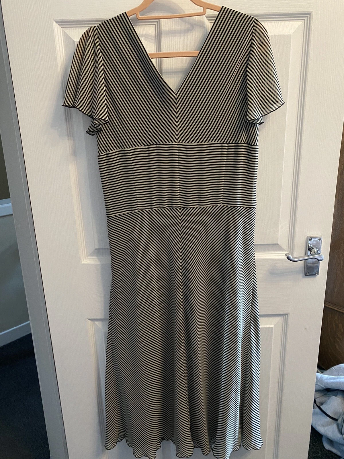 OFF WHITE Marks And Spencer Portfolio Stripe Tea Dress Lined Black Off White 16