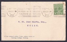 1931 KING GEORGE V 1d PRE-DECIMAL STAMP GEELONG COLLEGE COMMERCIAL COVER #B203