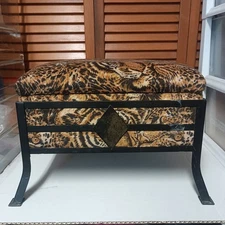 Vintage Black Metal Frame Leapard Print Sewing Box foot Stool Hidden Storage
