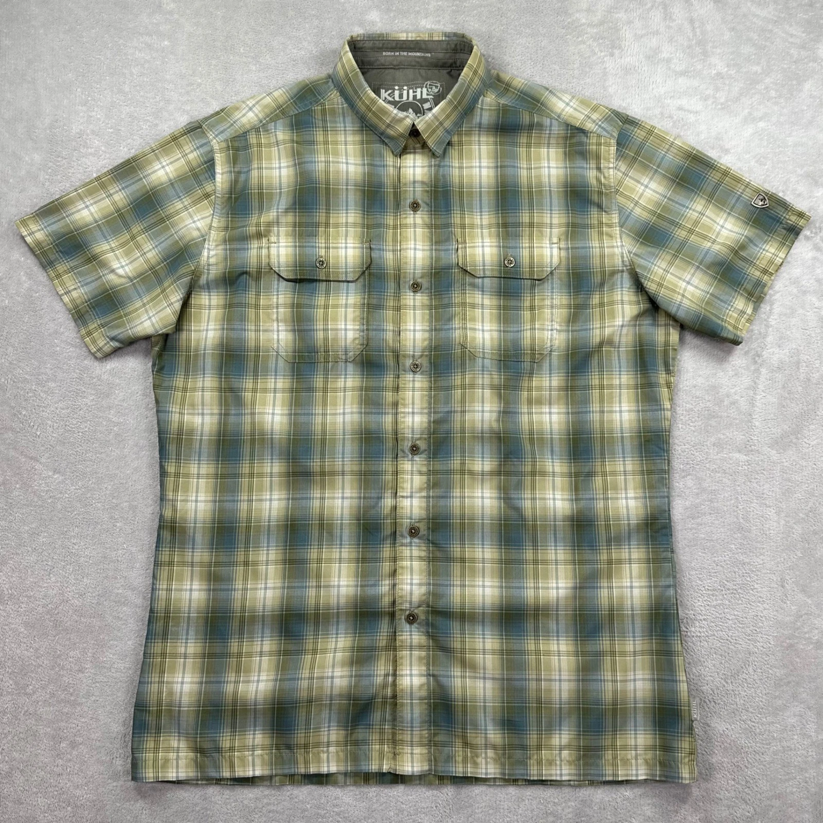 Kuhl Eluxur Shirt Mens Medium Green Plaid Short Sleeve Button Down Hiking Casual