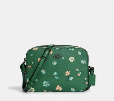 Coach Floral Print Pebbled Mini Camera Bag Adjustable Strap Green