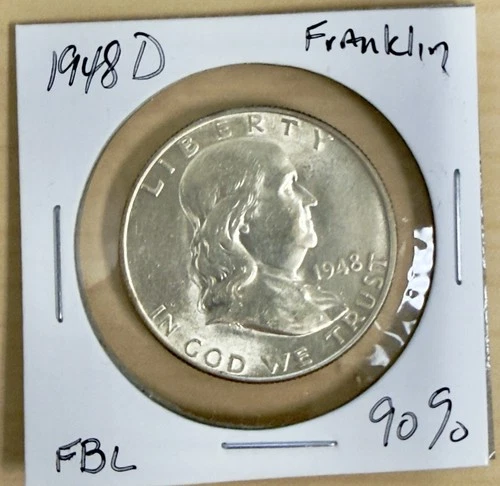 1948D Franklin Half Dollar 90% Silver MS FBL Full Bell Lines MU #18