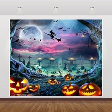 Halloween Backdrop Background 10x8ft Scary Full Moon Pumpkin Cemetery Hallowe...