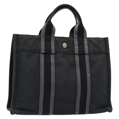 HERMES Fourre Tout PM Hand Bag Canvas Black Gray Silver Auth 129762