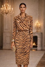 Badgley Mischka Animal Print Cowl Neck Long Sleeve Midi Dress sz 0 Modest Cheeta