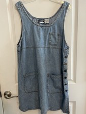 Vtg Denim Blue Jean Jumper Dress 42" Big Pockets Side Button Country Comfort