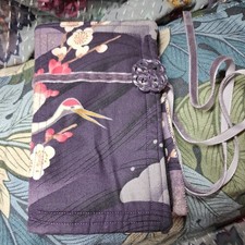 Handmade needle book purple japanese crane Fabric button ribbon 16 x 10cm
