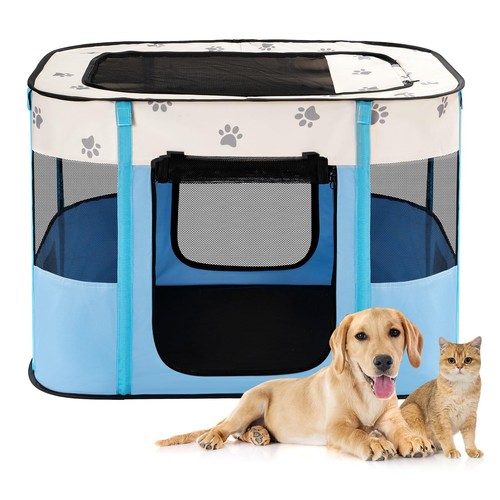 Portable Dog Cat Playpen, Foldable Pop Up Pet Play Pen Travel Crate with Floo...