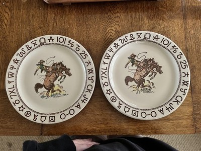 Original Rodeo Westward Ho Wallace China 2 Dinner Plates Bucking Bronco Goodan