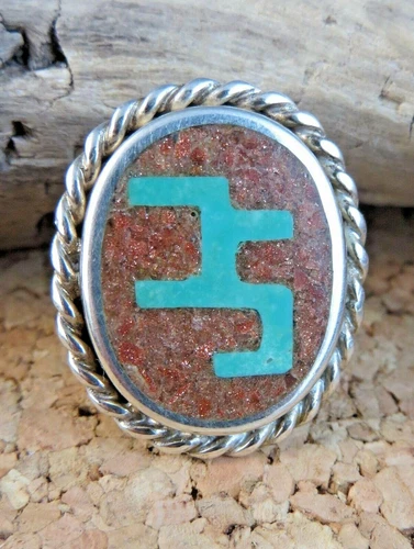 Vintage Zuni Signed WM Sterling Silver Sunstone Turquoise Horse Inlay Ring  #205