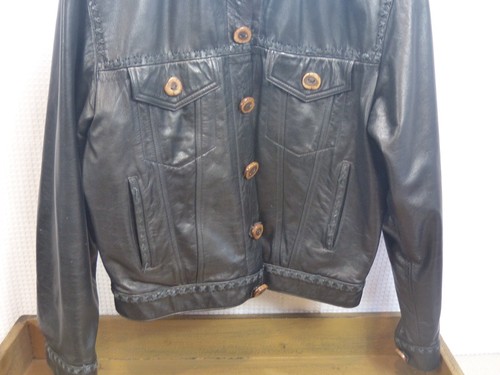 VTG BUFFALO CHIPS by Arturo BLACK LEATHER FRINGE JACKET ANTLER BUTTONS SIZE 40 - Picture 8 of 22