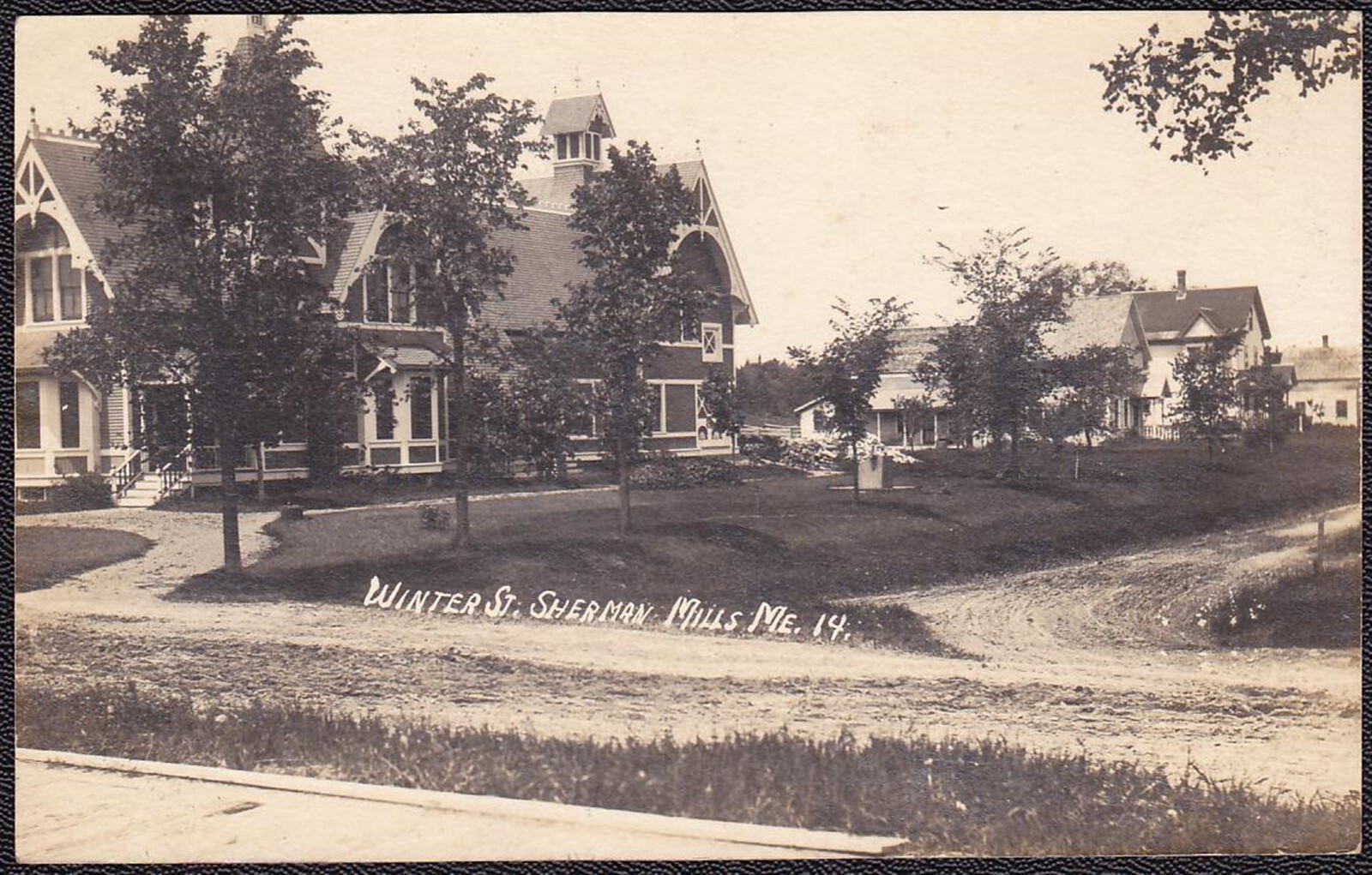 Sherman Mills, Maine RPPC 1921 Alva B. Leavitt Home & Winter Street