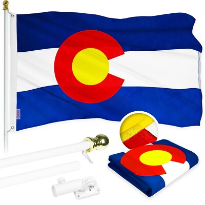 G128 6ft Aluminum Flagpole (White) & Colorado Flag Embroidered 3x5ft