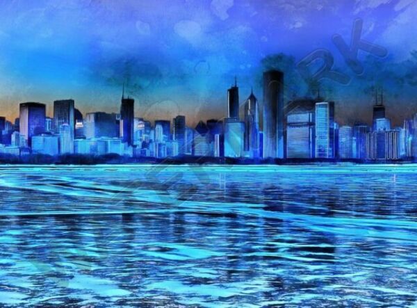 Painting Digital Chicago Skyline Blue Night Wall Poster