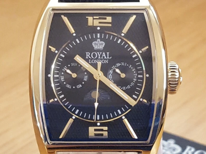 Mens Black Leather Royal London Classic Gold Tonneau Moonphase Watch GREAT GIFT - image 2 of 4
