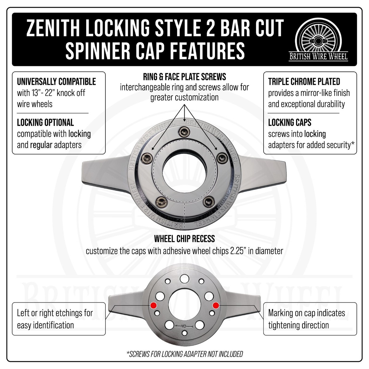 2 Bar Zenith Locking Style Chrome Knock Off Spinner Caps for