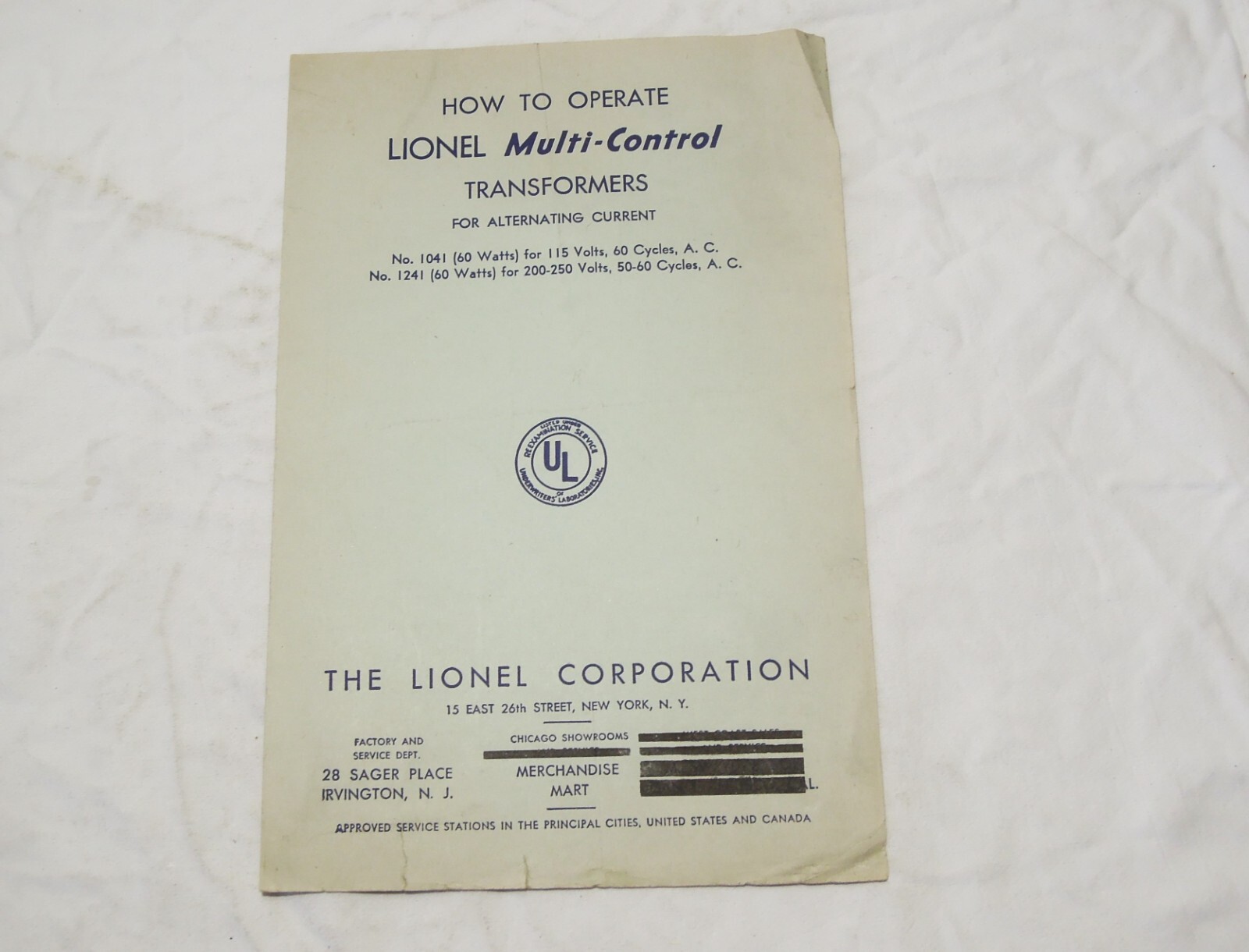 Lionel 1041 and 1241 Multi control transformer instructions form 1041-52 of 1-42