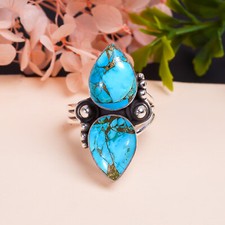 Natural Copper Blue Turquoise Gemstone 925 Sterling Silver Ring Oxidize Jewelry.