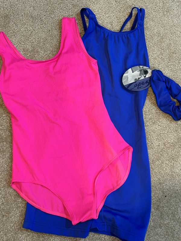 Pink Balera Tank Leotard/ Capezio Royal Biketard w Scrunchie Size LC NWT