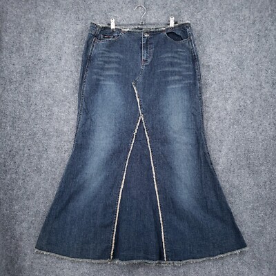 DKNY Jeans Skirt Women 13 Juniors Blue Denim Maxi Fit Flare Fringes Stretch  Y2K