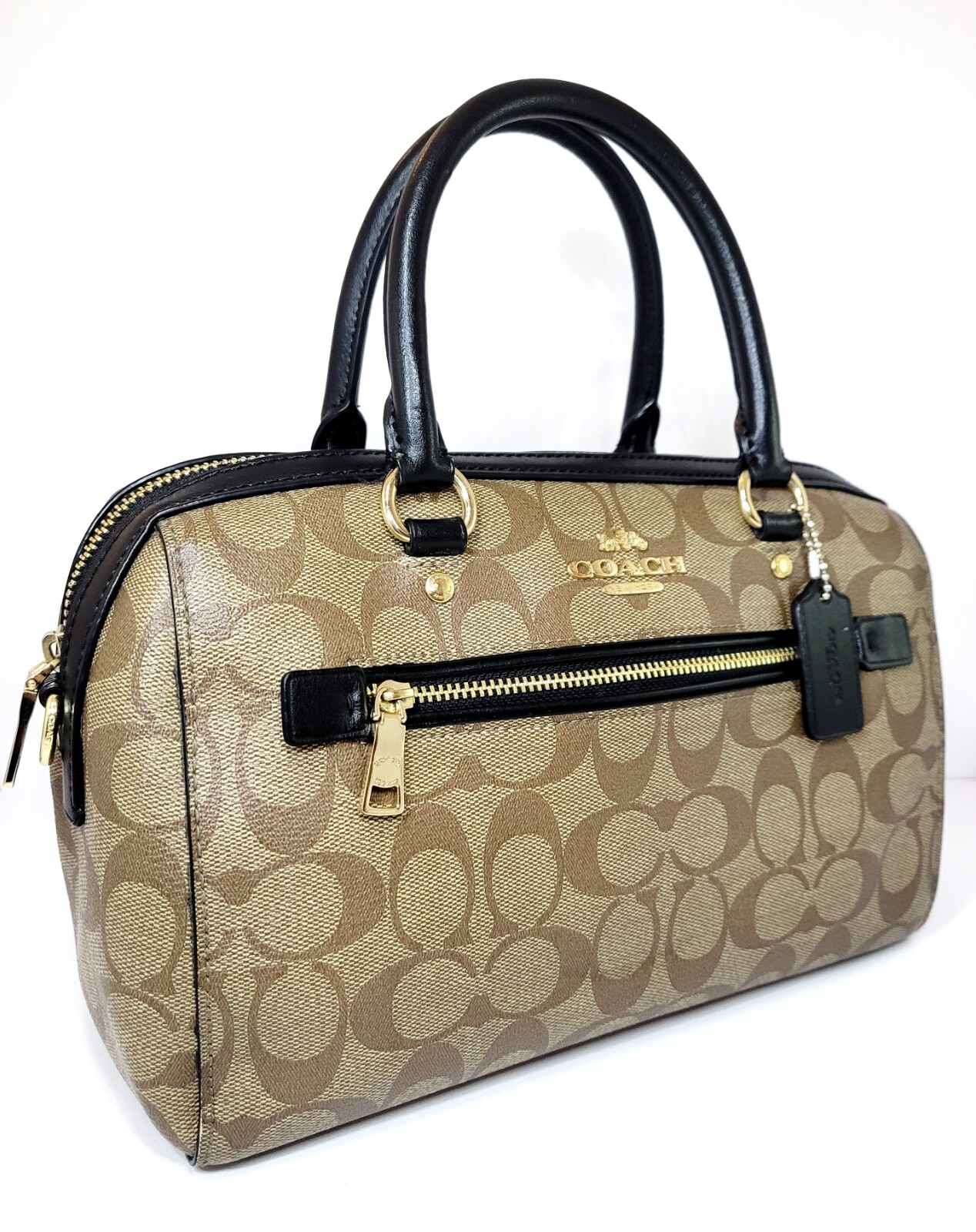 Coach Rowan Leather Satchel in Brown and Black with Signature Detailing