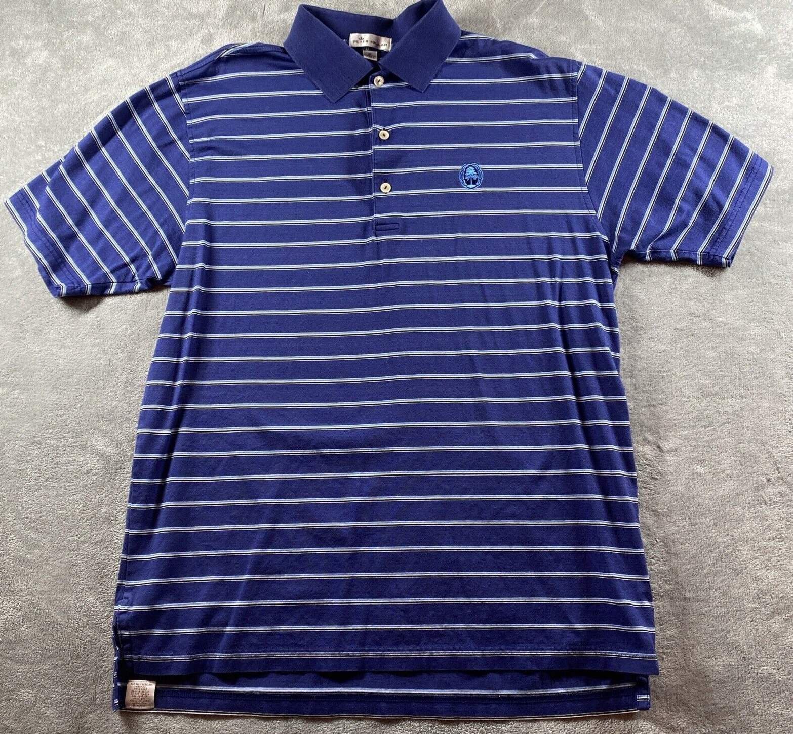 Peter Millar Men's Medium Blue Striped Cotton Golf Polo with Oak Tree Club Logo