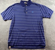 Peter Millar Golf Polo Shirt Mens Medium Blue Striped Cotton Oak Tree Club Logo