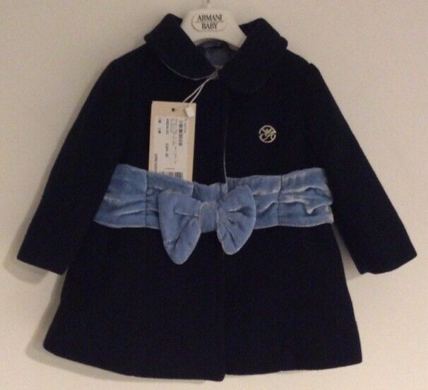 ARMANI WOOL BLEND LINED COAT WITH A VELVET BOW AND METAL LOGO TAGGED @ £204 Populair Gemaakt in Japan