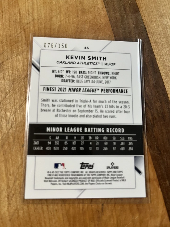 2022 Topps Finest Kevin Smith BLUE REFRACTOR /150 Oakland Athletics - Image 2 of 2