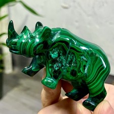144G  Natural Malachite hand carved rhinoceros crystal cluster mineral
