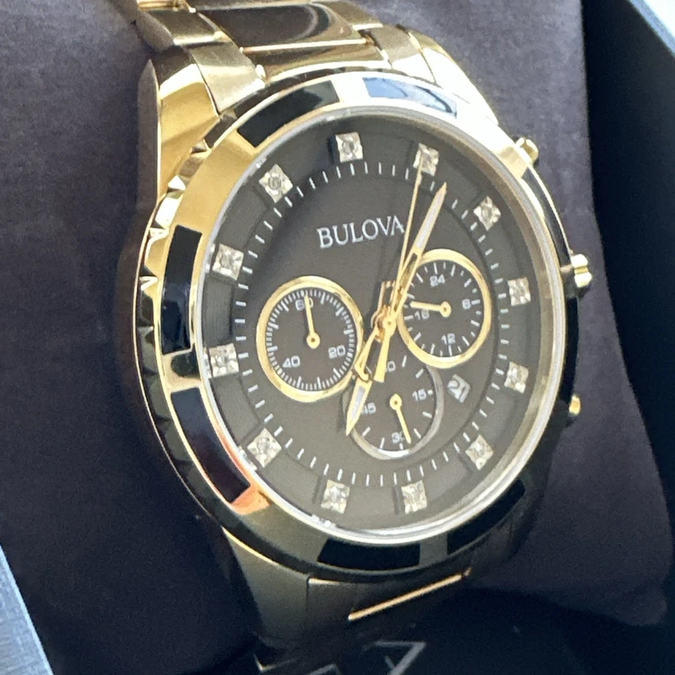 Bulova Diamante Hombre Chapado en Oro Acero Inoxidable Cronógrafo Reloj Cuarzo 97D121 Foto 3 de 4