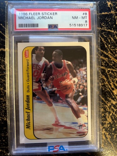 1986-87 Fleer Sticker Basketball #8 Michael Jordan RC Rookie HOF PSA 8 NM-MT