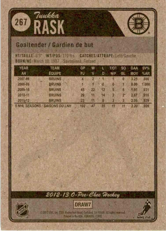 2012-13 O-Pee-Chee Tuukka Rask #267 - Image 2 of 2