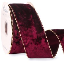 Burgundy Crushed Velvet Wired Ribbon with Beaded Pearl Edge, 2-1/2 Inch 10-Ya...