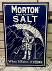 Vintage Morton Salt Porcelain Enamel Wall Sign- When It Rains It Pours 12" x 8"
